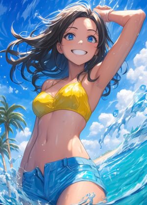 Coastal Anime Fun: Vibrant Summer Artwork - Premium Wooden Framed Poster. Ready to Hang.