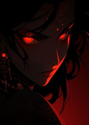 Crimson Gaze: A Devilish Artwork - Premium Wooden Framed Poster. Ready to Hang.