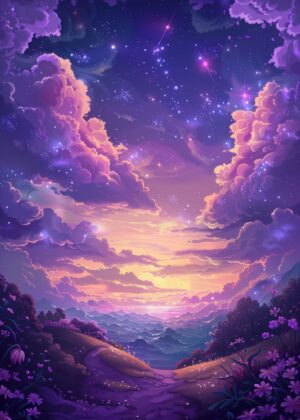 Starry Night Anime Landscape Art Print - Premium Wooden Framed Poster. Ready to Hang.