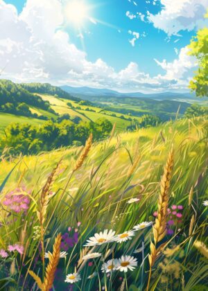 Anime Style Wildflower Meadow Landscape Art Print - Premium Wooden Framed Poster. Ready to Hang.