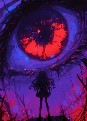 Anime Girl Facing Giant Eye - Digital Art Print - Premium Wooden Framed Poster. Ready to Hang.