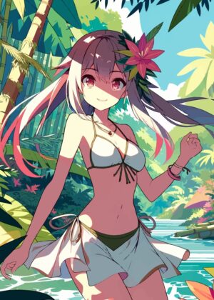 Anime Girl in Tropical Paradise - Premium Wooden Framed Poster. Ready to Hang.