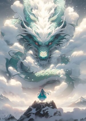 Anime Dragon and Warrior: A Majestic Encounter - Premium Wooden Framed Poster. Ready to Hang.