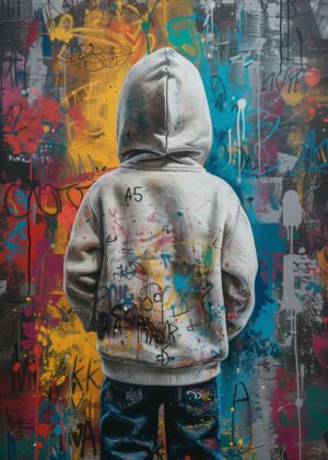 Graffiti Street Art: Urban Youth Back View - Premium Wooden Framed Poster. Ready to Hang.