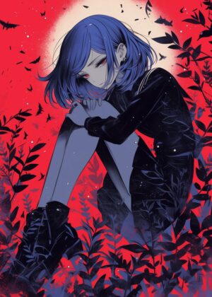Crimson Embrace: Anime Art Print - Premium Wooden Framed Poster. Ready to Hang.