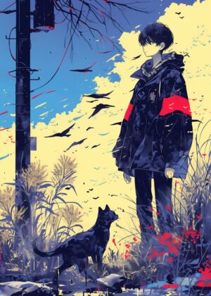 Melancholy Sunset: An Anime-Style Artwork - Premium Wooden Framed Poster. Ready to Hang.
