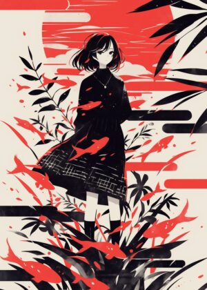 Crimson Koi: A Surrealist Anime Print - Premium Wooden Framed Poster. Ready to Hang.