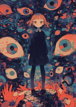 Confronting the Abyss: A Surreal Anime Artwork - Premium Wooden Framed Poster. Ready to Hang.