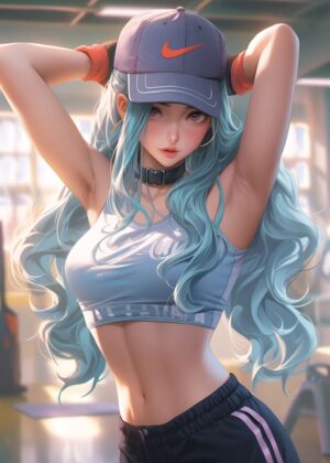 Anime Fitness Girl: Strength and Style - Premium Wooden Framed Poster. Ready to Hang.