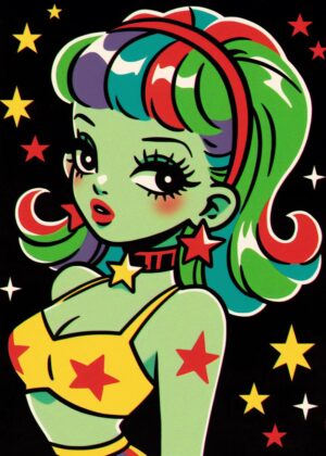 Retro Anime Girl: Vibrant Pop Art Style - Premium Wooden Framed Poster. Ready to Hang.
