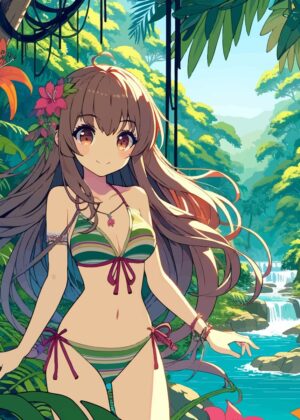 Anime Girl in Rainforest Paradise - Premium Wooden Framed Poster. Ready to Hang.