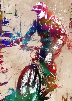 Urban Cyclist: Watercolor Splash Art Print - Premium Wooden Framed Poster. Ready to Hang.