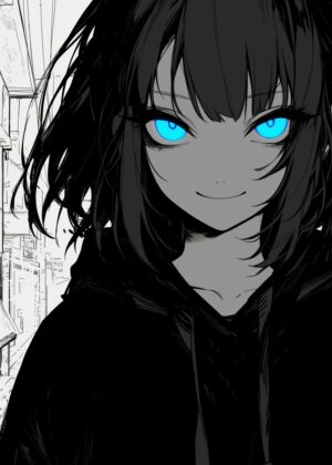 Anime Girl with Blue Eyes: Dark and Mysterious Art Print - Premium Wooden Framed Poster. Ready to Hang.