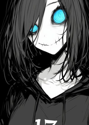 Mysterious Anime Girl with Blue Eye Glow - Premium Wooden Framed Poster. Ready to Hang.