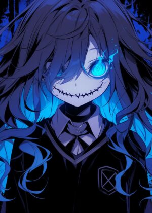 Blue Eye Glow: Anime Girl Art Print - Premium Wooden Framed Poster. Ready to Hang.