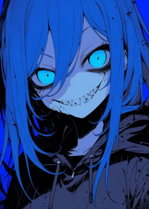 Blue Eye Glow: Anime Girl Art Print - Premium Wooden Framed Poster. Ready to Hang.