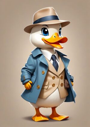 Adorable Smiling Chibi Duck Illustration - Premium Wooden Framed Poster. Ready to Hang.