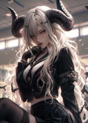 Demon Cyborg: Dark Fantasy Anime Girl Art Print - Premium Wooden Framed Poster. Ready to Hang.