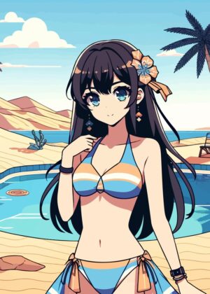 Sun-Kissed Anime Beauty: Desert Oasis Dream - Premium Wooden Framed Poster. Ready to Hang.