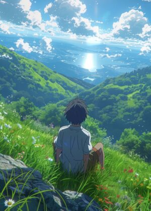 Anime Boy Gazing at the Horizon - Premium Wooden Framed Poster. Ready to Hang.