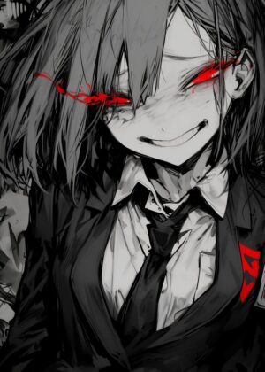 Red Eye Glow: Anime Girl Art Print - Premium Wooden Framed Poster. Ready to Hang.