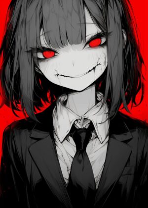 Red Eye Glow: Anime Girl Art Print - Premium Wooden Framed Poster. Ready to Hang.