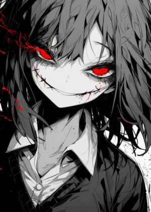 Crimson Gaze: Dark Anime Girl Art Print - Premium Wooden Framed Poster. Ready to Hang.