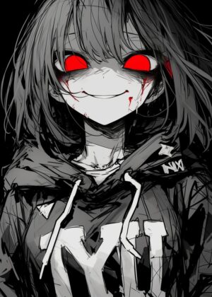 Red Eye Glow: Anime Girl Art Print - Premium Wooden Framed Poster. Ready to Hang.