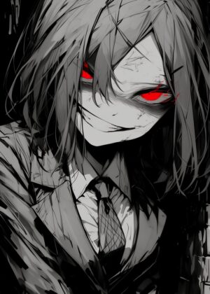 Red Eye Glow: Anime Girl Art Print - Premium Wooden Framed Poster. Ready to Hang.