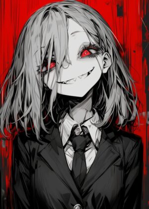 Red Eye Glow: Anime Girl Art Print - Premium Wooden Framed Poster. Ready to Hang.