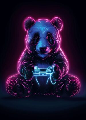 Neon Panda Gamer: Cyberpunk Art Print - Premium Wooden Framed Poster. Ready to Hang.