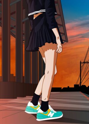 Urban Anime Sunset Vibes: Street Style Illustration - Premium Wooden Framed Poster. Ready to Hang.