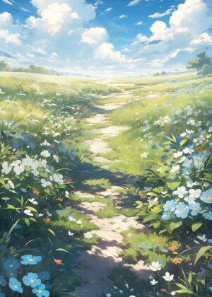 Anime Nature: Serene Meadow Path - Premium Wooden Framed Poster. Ready to Hang.