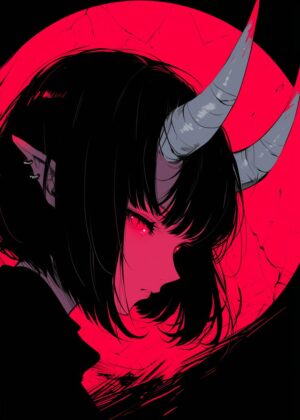 Crimson Demon Girl: Dark Fantasy Art Print - Premium Wooden Framed Poster. Ready to Hang.