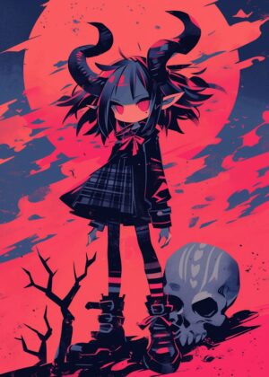 Crimson Moon Demon Girl Art Print - Premium Wooden Framed Poster. Ready to Hang.