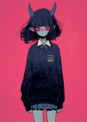 Dark Academia Demon Girl Art Print - Premium Wooden Framed Poster. Ready to Hang.