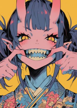 Demon Girl Art Print: Vibrant Anime Style - Premium Wooden Framed Poster. Ready to Hang.