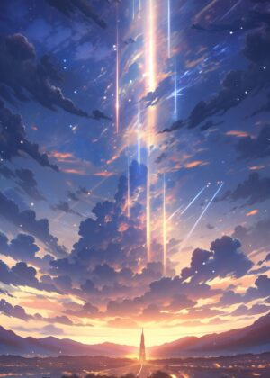 Vibrant Anime Sunset Landscape with Shooting Stars - Premium Wooden Framed Poster. Ready to Hang.