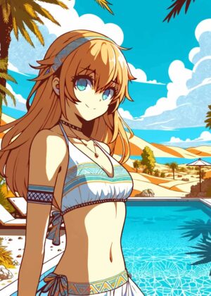 Anime Oasis Beauty: Summertime Dreams - Premium Wooden Framed Poster. Ready to Hang.