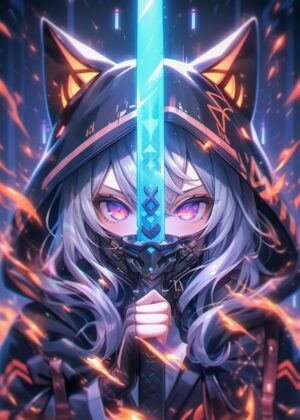 Fierce Samurai Catgirl Artwork: Digital Print - Premium Wooden Framed Poster. Ready to Hang.