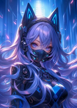 Cyberpunk Catgirl: Futuristic Anime Art Print - Premium Wooden Framed Poster. Ready to Hang.