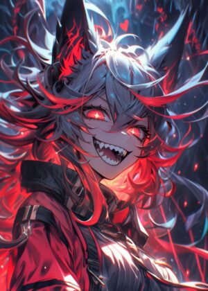 Crazy Catgirl: Fiery Anime Art Print - Premium Wooden Framed Poster. Ready to Hang.