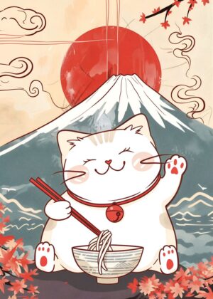 Kawaii Cat Ramen: Japanese-Inspired Artwork - Premium Wooden Framed Poster. Ready to Hang.