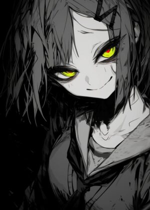 Green Eye Glow: Anime Girl Art Print - Premium Wooden Framed Poster. Ready to Hang.
