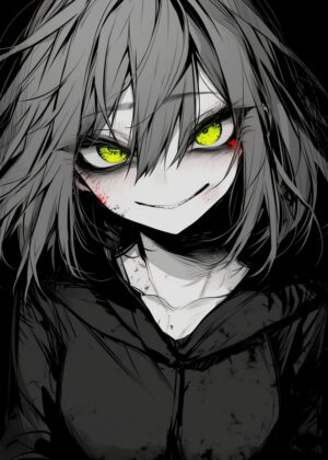 Green Eye Glow: Dark Anime Girl Art Print - Premium Wooden Framed Poster. Ready to Hang.