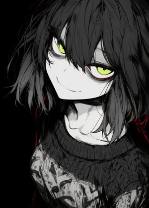 Green Eye Glow Anime Girl Art Print - Premium Wooden Framed Poster. Ready to Hang.