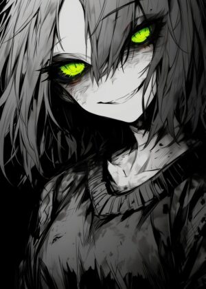 Green Eye Glow: Anime Girl Art Print - Premium Wooden Framed Poster. Ready to Hang.