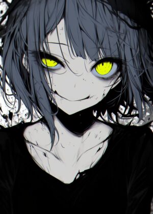 Green Eye Glow: Dark Anime Girl Art Print - Premium Wooden Framed Poster. Ready to Hang.
