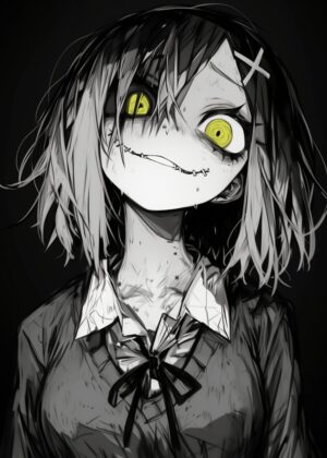 Green Eye Glow: Dark Anime Girl Art Print - Premium Wooden Framed Poster. Ready to Hang.
