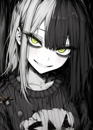 Green Eye Glow: Anime Girl Art Print - Premium Wooden Framed Poster. Ready to Hang.